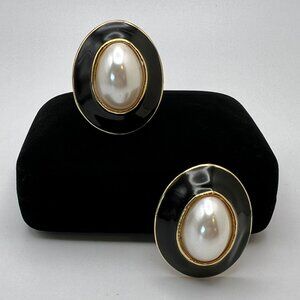Anne Klein Extra Large Pearl Black Enamel CLIP Earrings